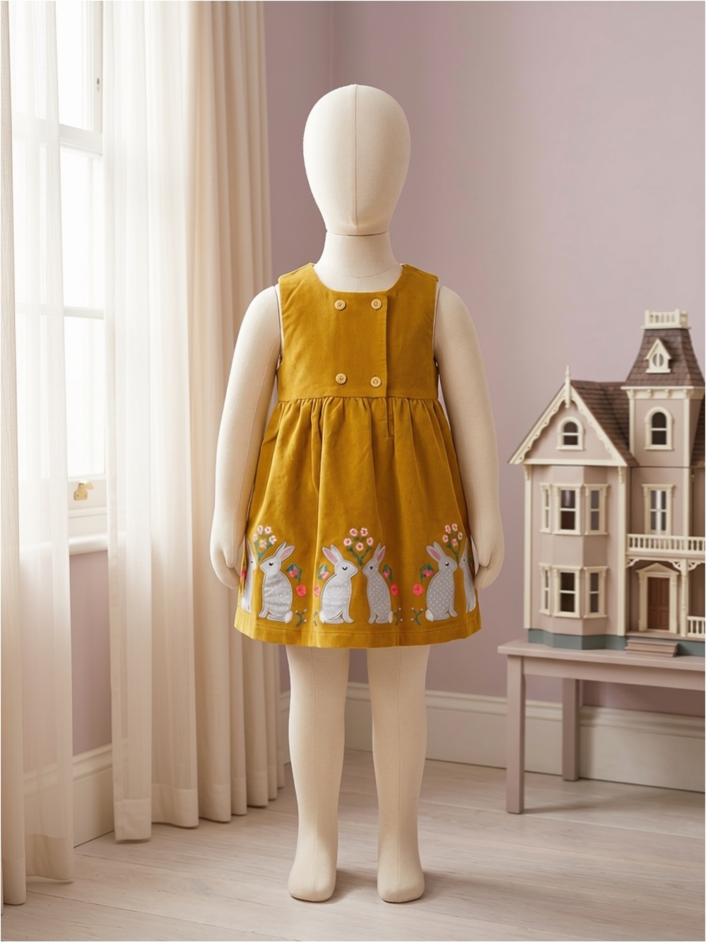 Mini Boden Mustard Yellow Corduroy Dress with Bunny Embroidery